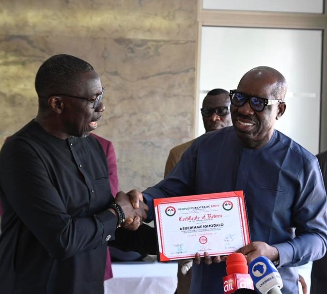 Edo 2024: Ighodalo presents certificate of return to Obaseki Edo 2024: Ighodalo presents certificate of return to Obaseki