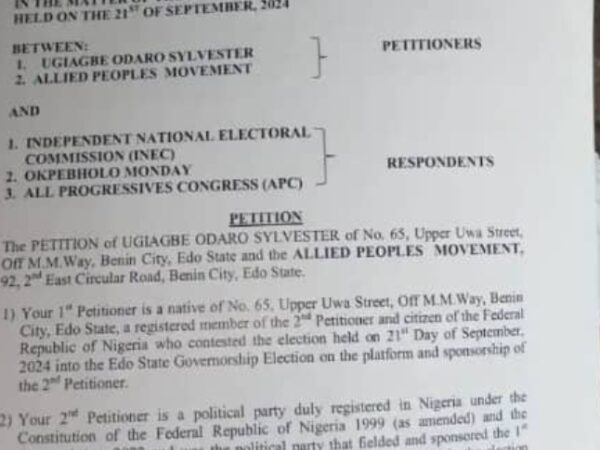 ADP, APM, SDP, ZLP File Petitions,Call for Nullification of Edo Guber election , ADP, APM, SDP, ZLP File Petitions,Call for Nullification of Edo Guber election ,