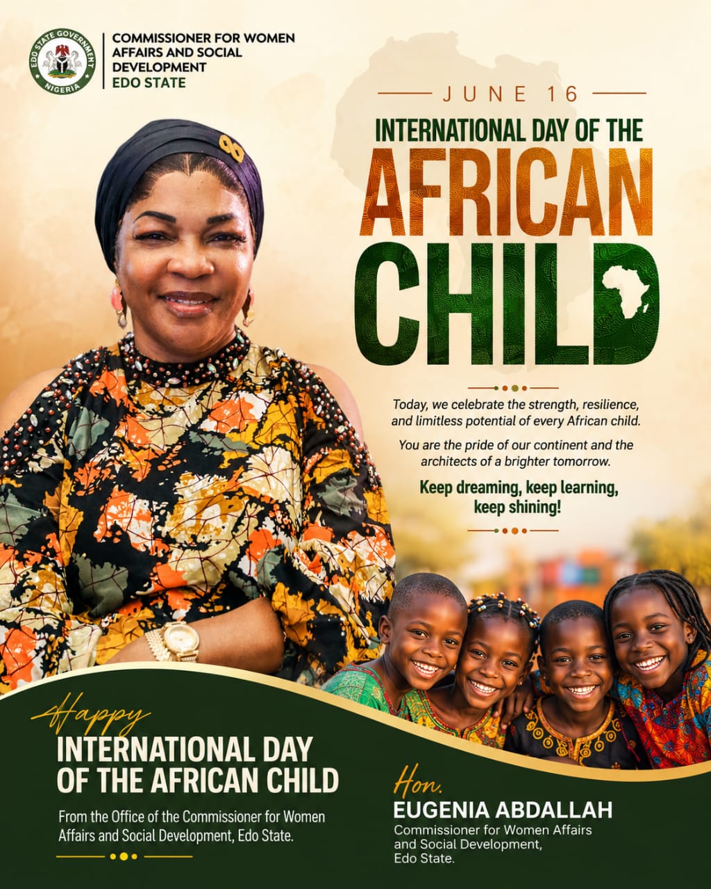 Edo Women Affairs Commissioner, Hon.  Abdallah, Calls for Greater Investment in African Children
